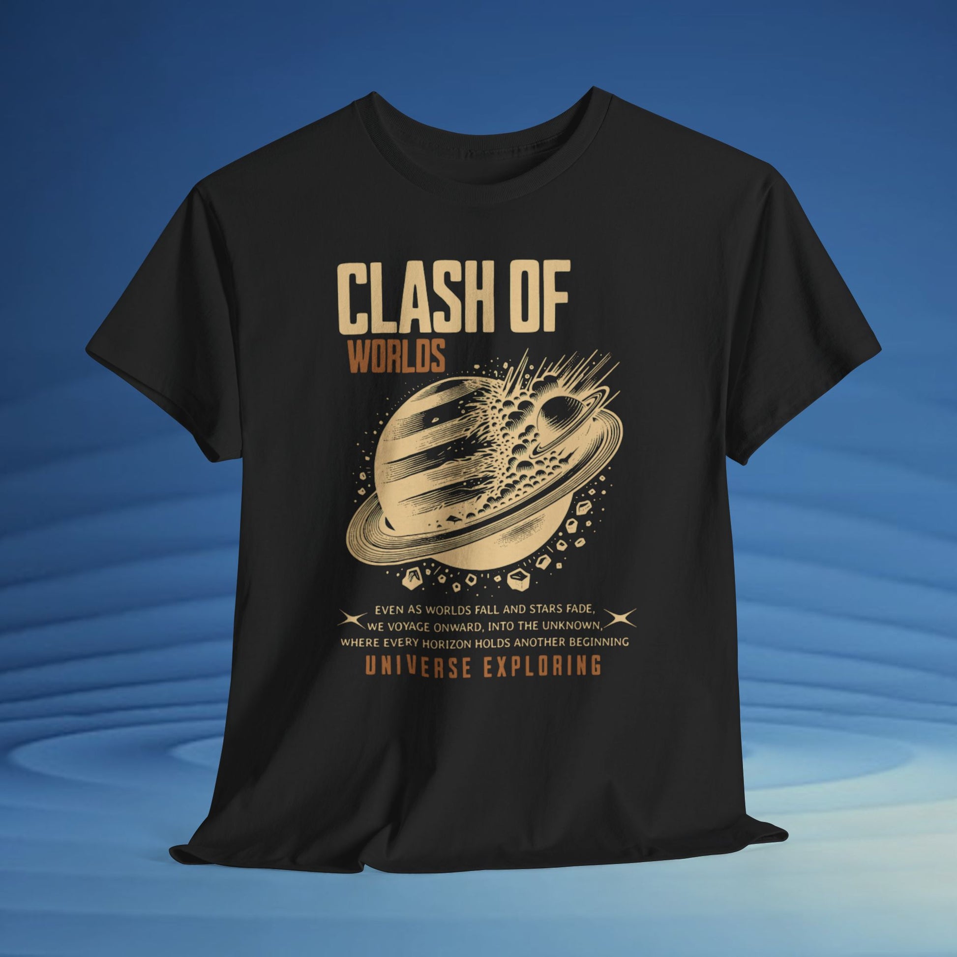 Black t-shirt with 'Clash of Worlds' space-themed design on a blue background