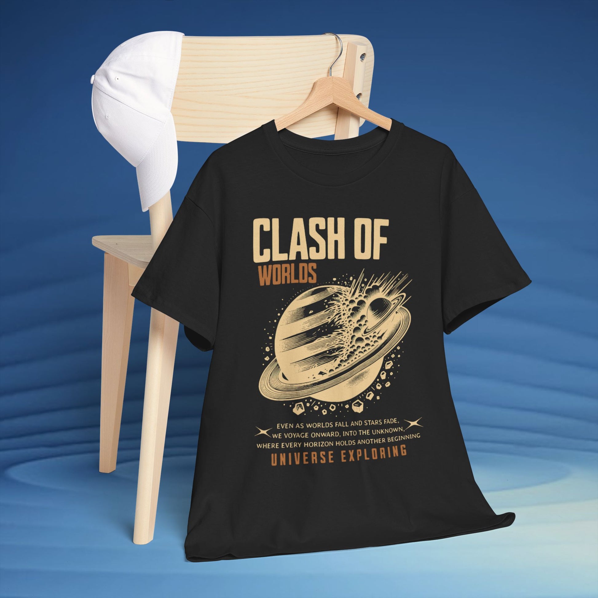 Black t-shirt with 'Clash of Worlds' graphic design on a blue background