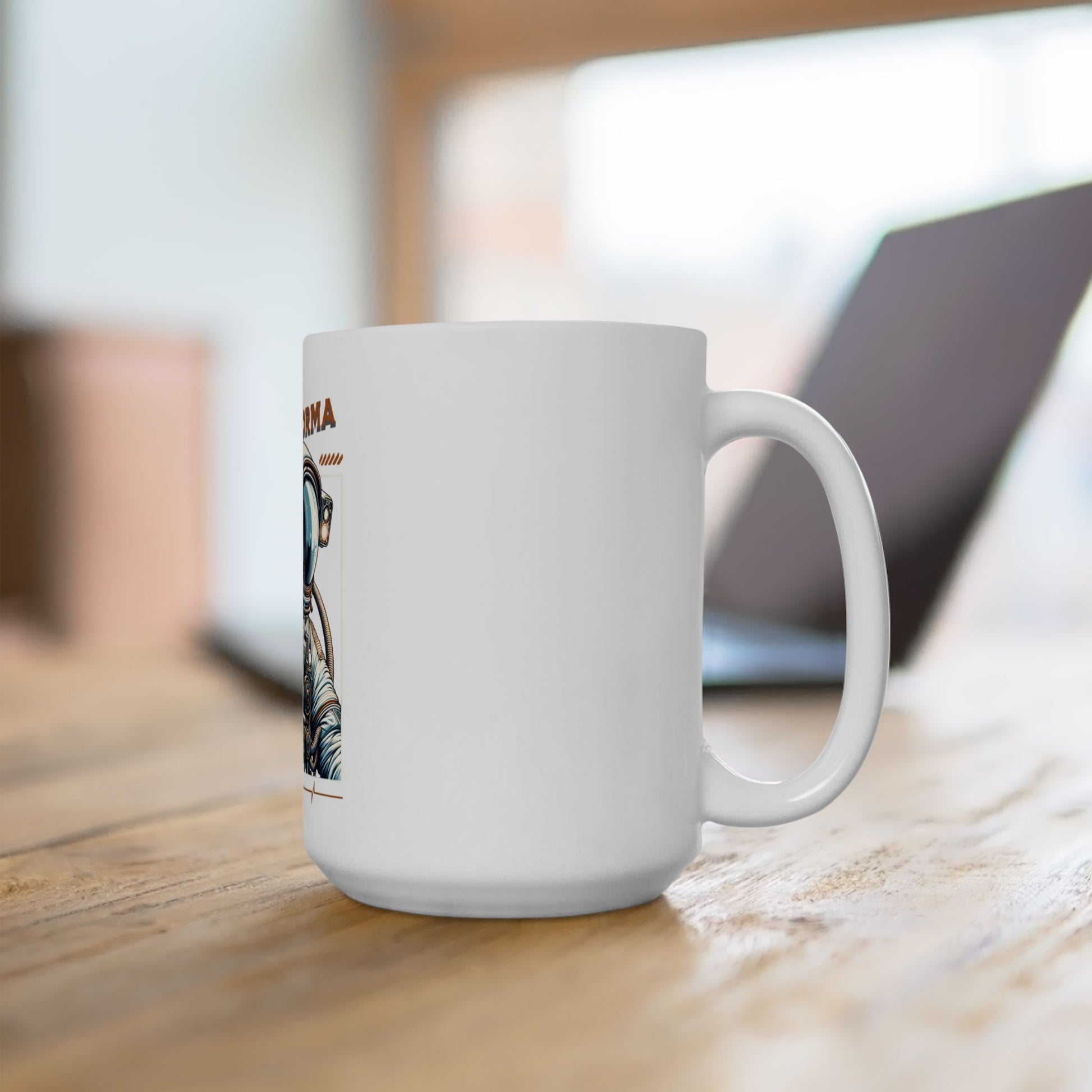 White mug with a graphic design on a wooden surface CosmoForma