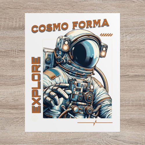 Poster with an astronaut illustration and 'Cosmo Forma' text on a wooden surface