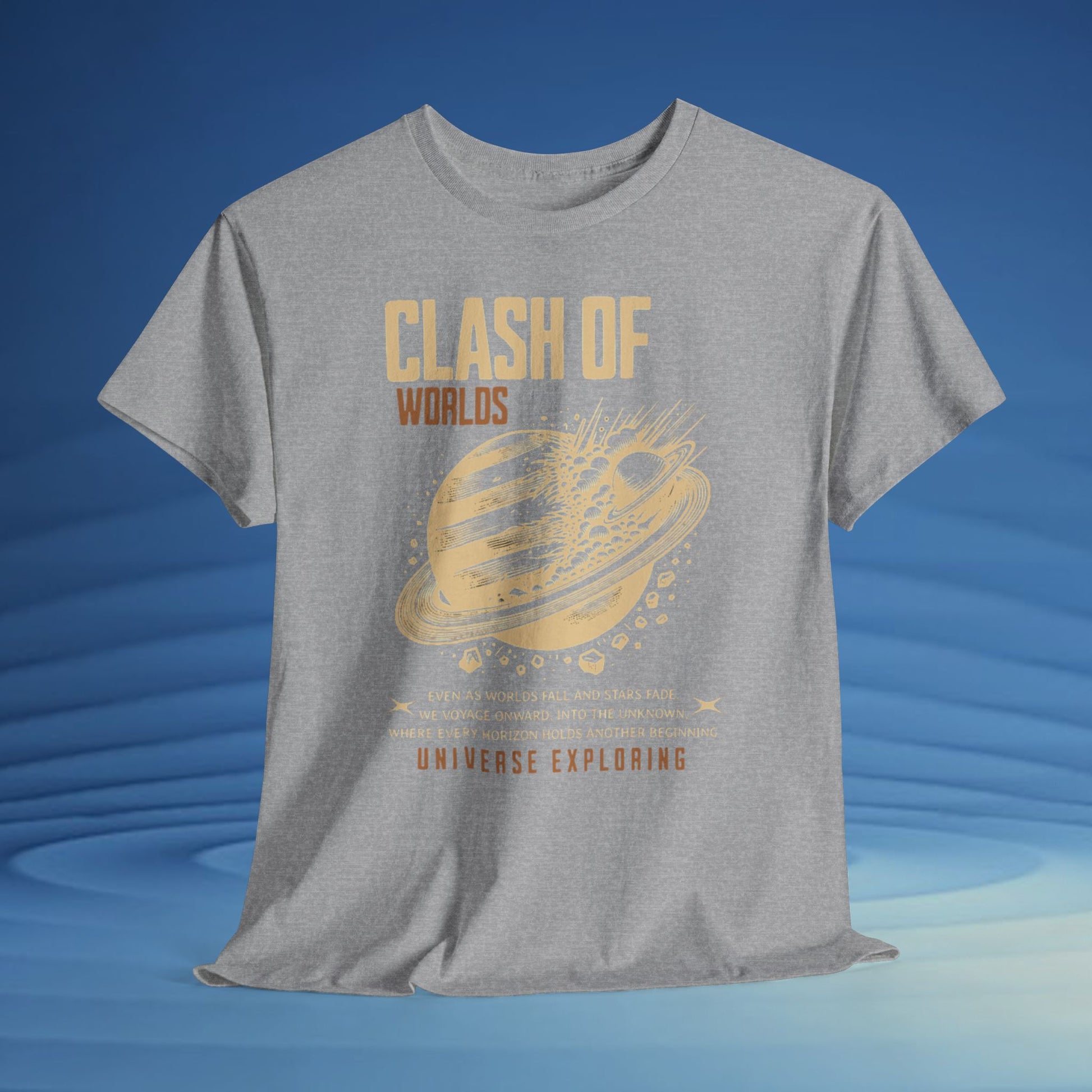 Gray t-shirt with gold graphic and text on a blue gradient background