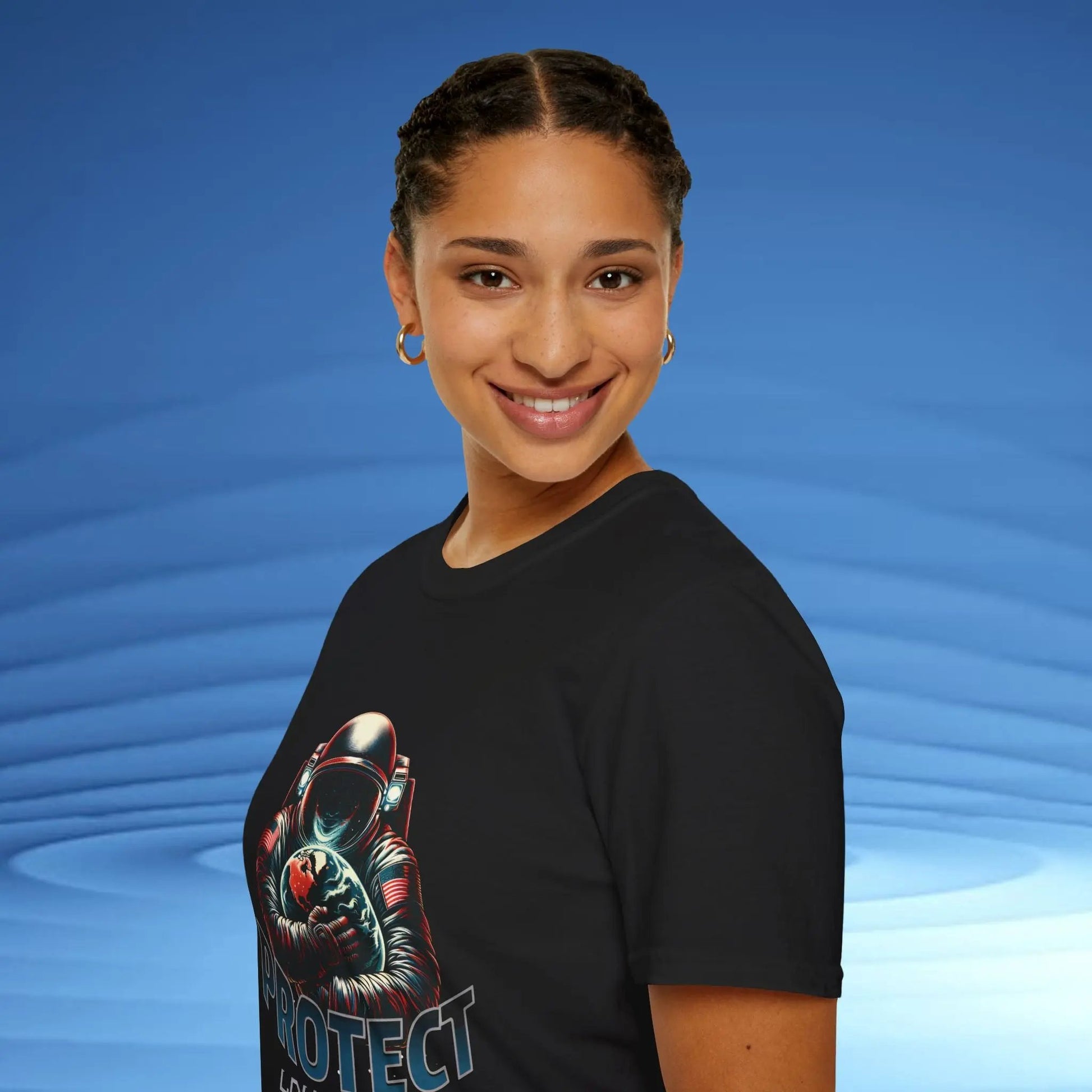 Protect Love Home T-Shirt Astronaut Environmental Graphic Tee | Cosmo Forma Eco-Inspired Streetwear Printify