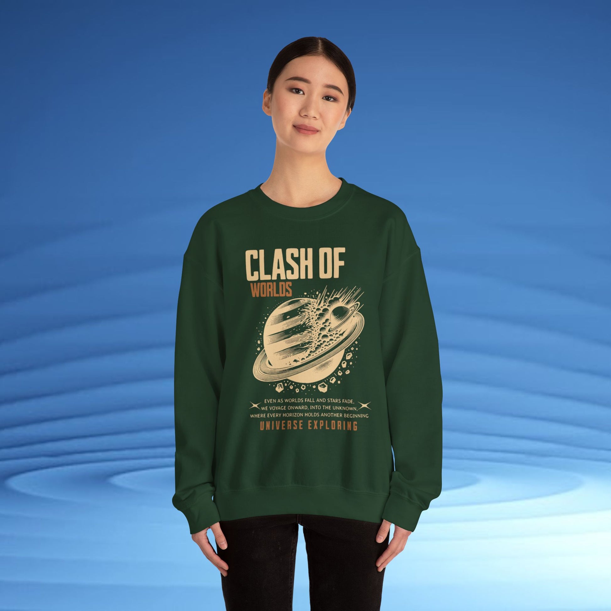 Person wearing a green sweatshirt with 'Clash of Worlds' design on a blue background