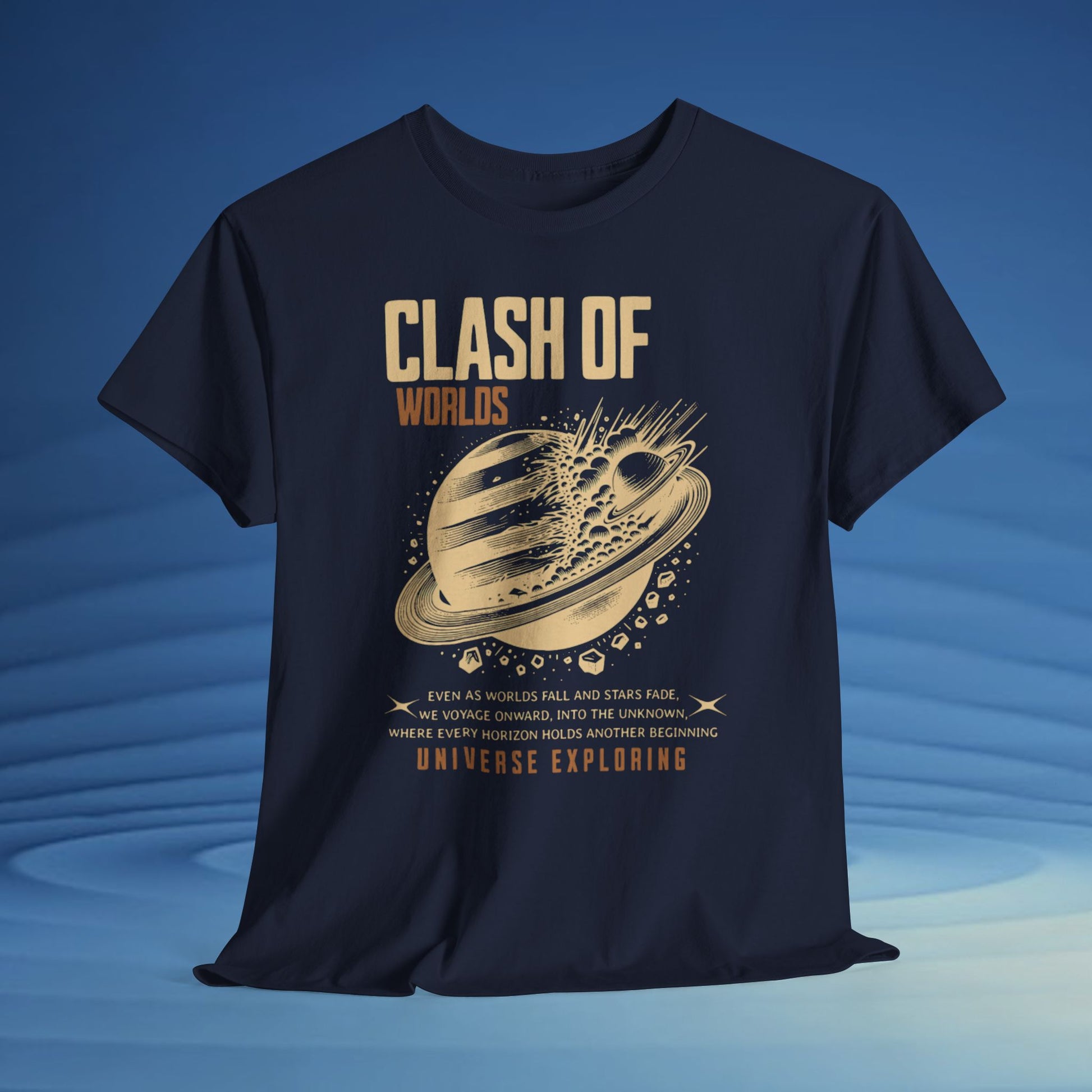 Navy blue t-shirt with 'Clash of Worlds' space-themed design on a blue background