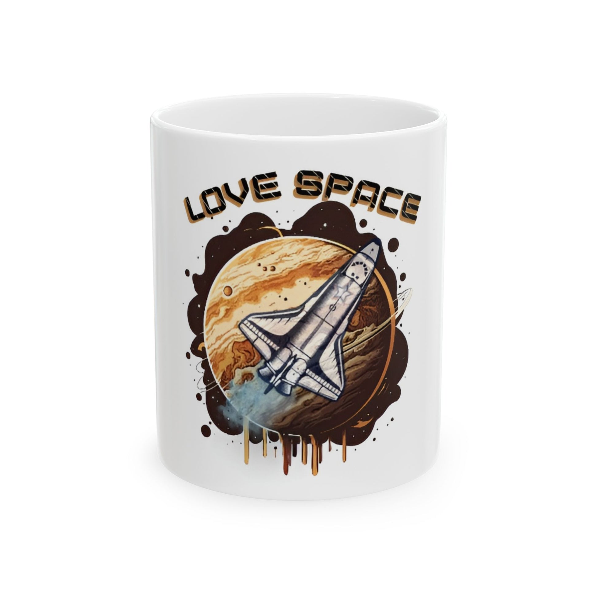 White mug with space-themed design featuring a rocket and 'Love Space' text on a white background