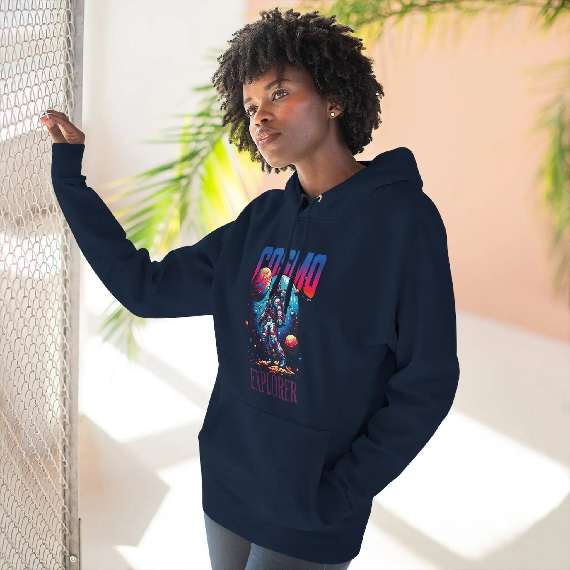 Cosmo Explorer Fleece Hoodie | Astronaut Graphic Pullover by Cosmo Forma Printify