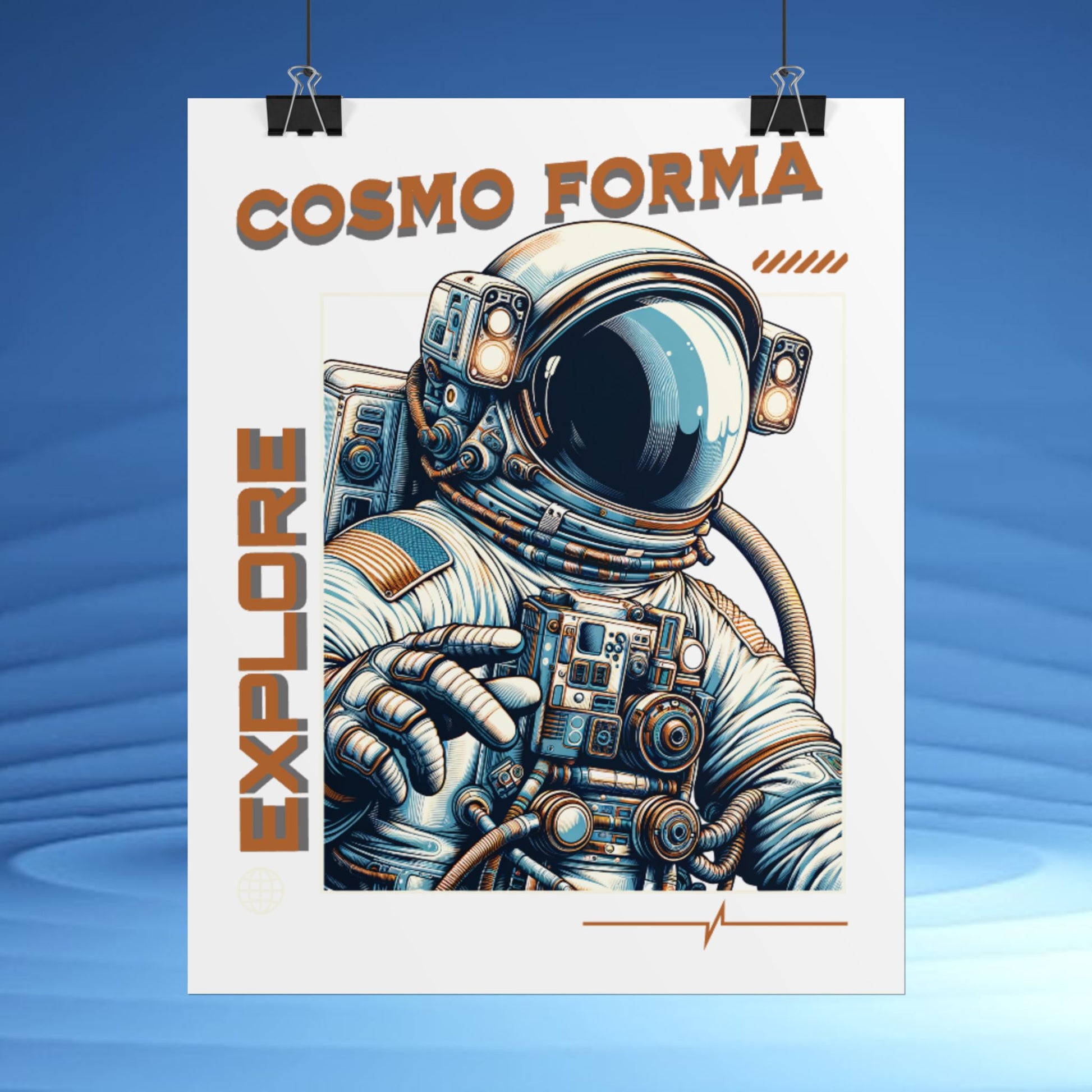 Poster with an astronaut illustration and 'Cosmo Forma' text on a blue background