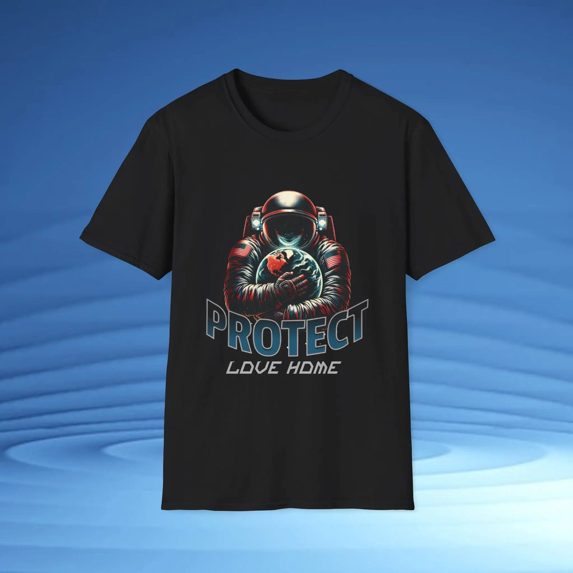 Protect Love Home T-Shirt Astronaut Environmental Graphic Tee | Cosmo Forma Eco-Inspired Streetwear Printify
