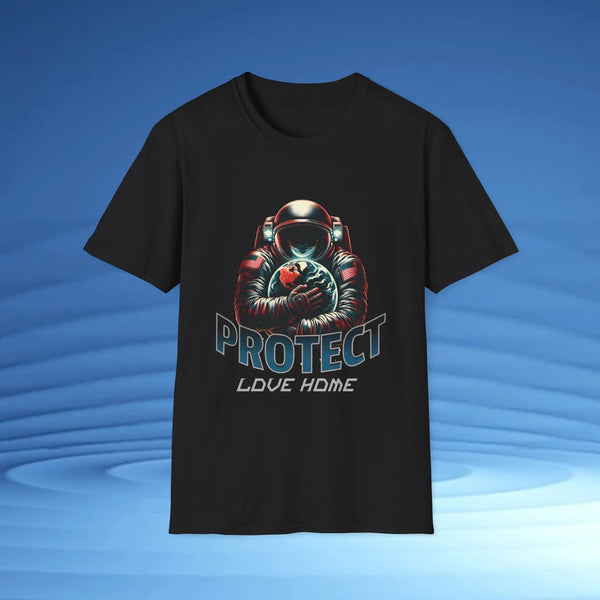 Protect Love Home T-Shirt Astronaut Environmental Graphic Tee | Cosmo Forma Eco-Inspired Streetwear Printify