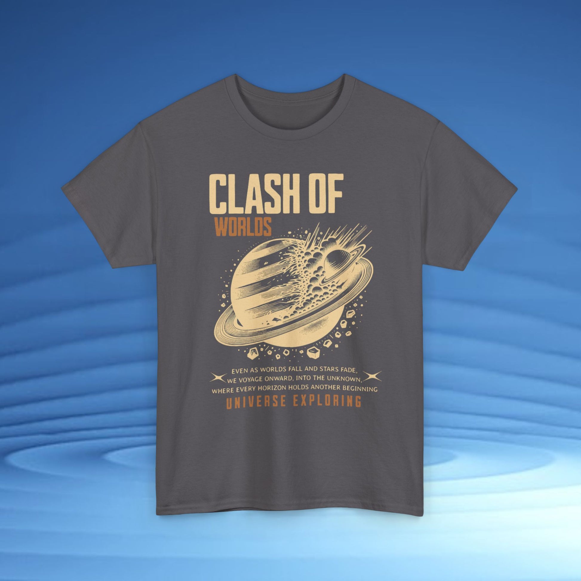 Gray t-shirt with 'Clash of Worlds' graphic design on a blue background