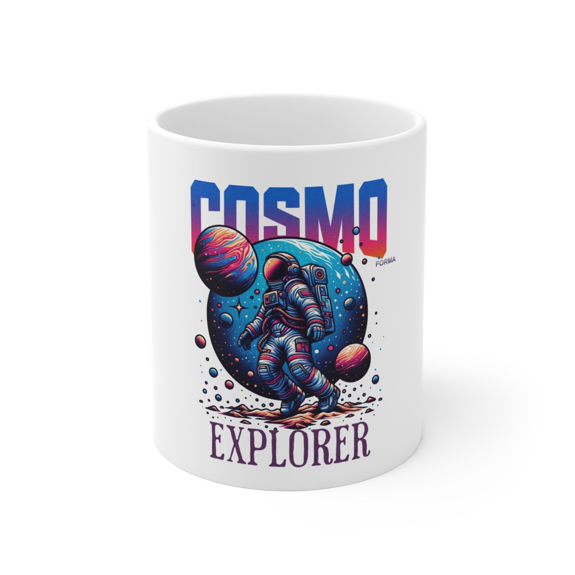 White mug with 'Cosmo Explorer' design featuring an astronaut and colorful planets on a white background
