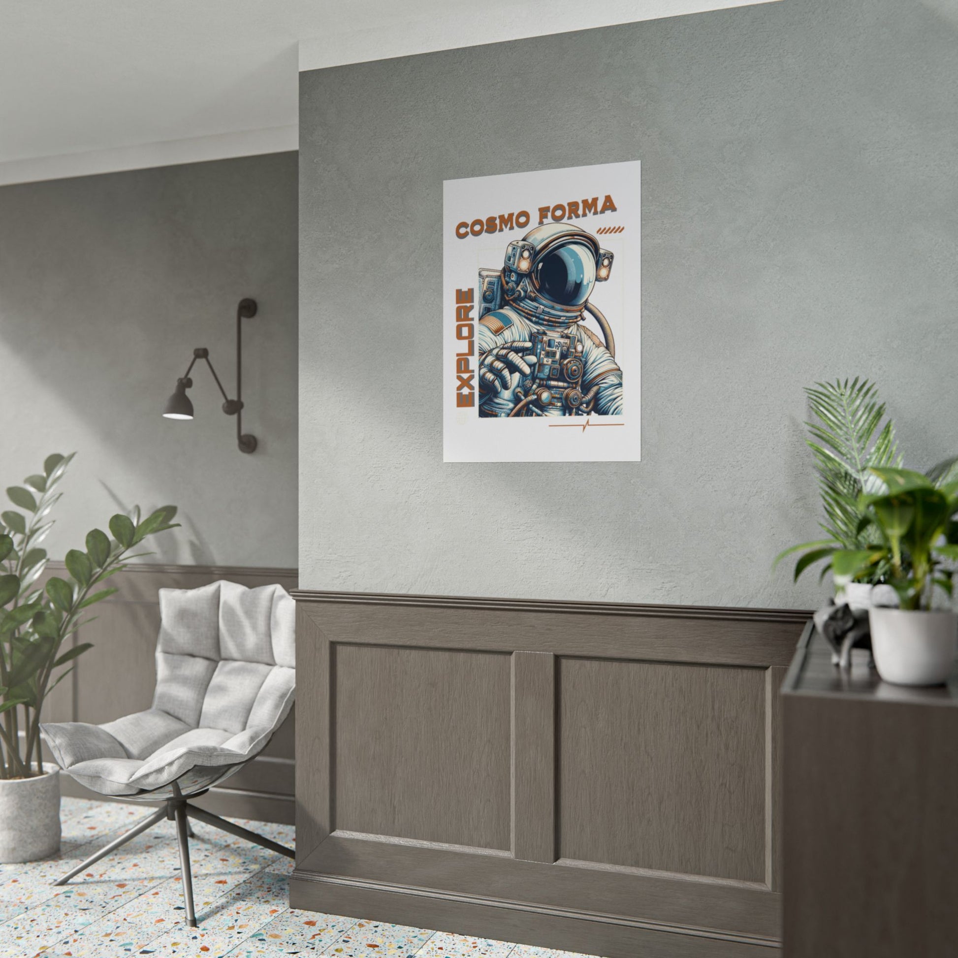 Astronaut poster on a wall in a modern living room with plants and furniture.