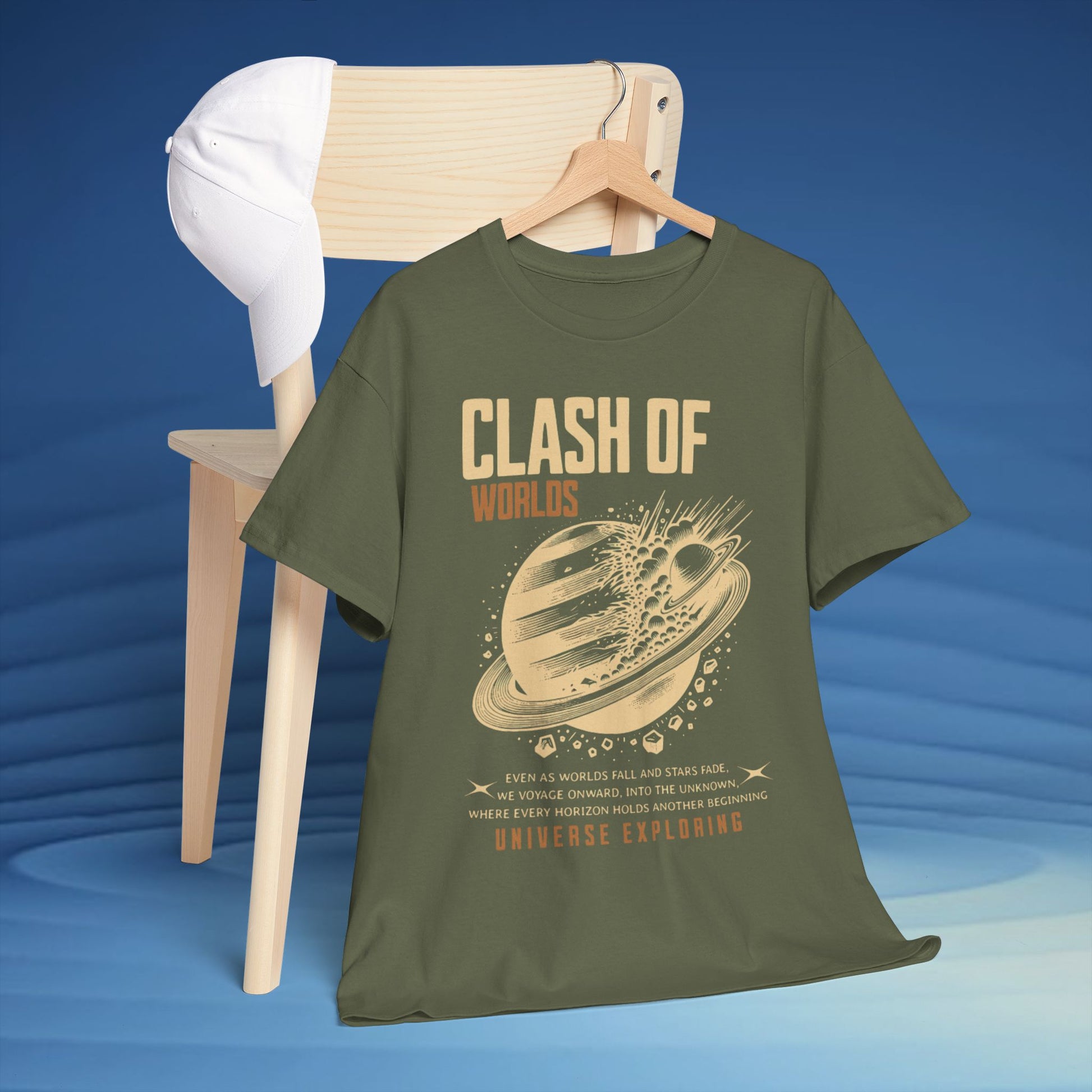 Green t-shirt with 'Clash of Worlds' graphic design on a blue background