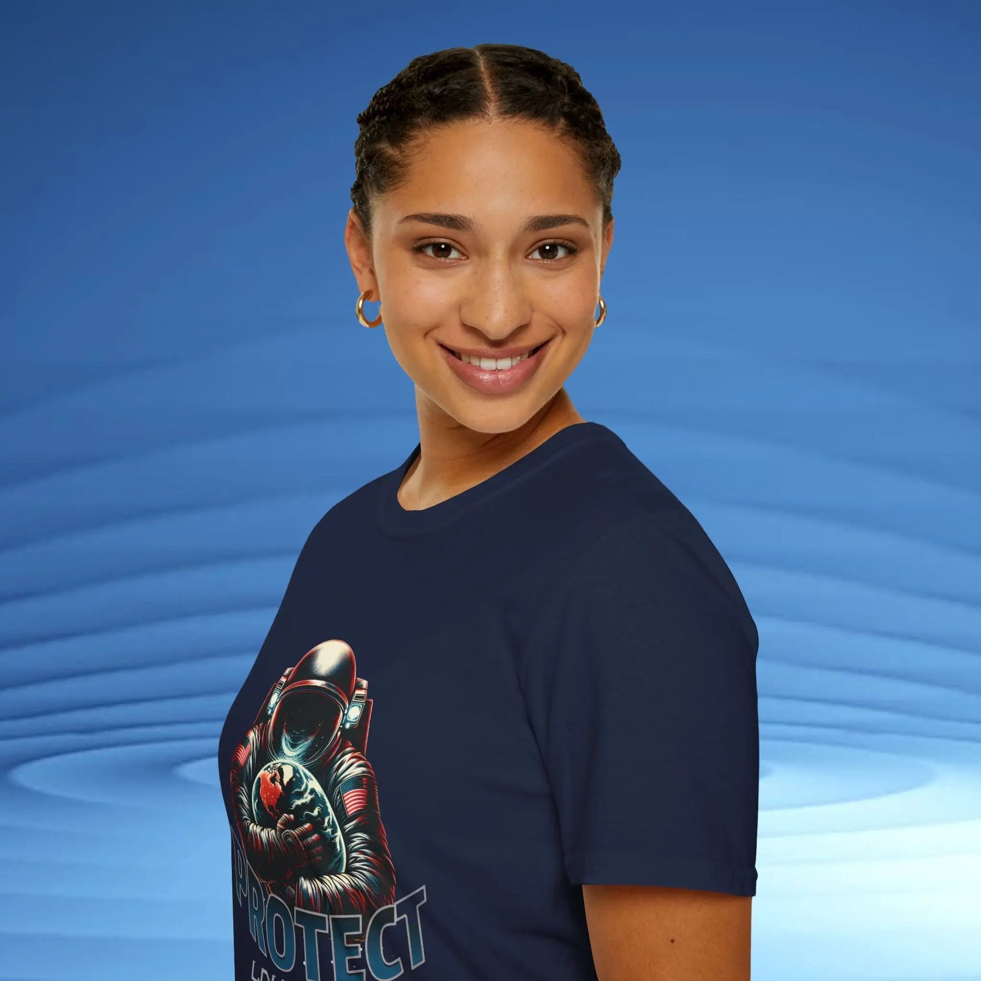 Protect Love Home T-Shirt Astronaut Environmental Graphic Tee | Cosmo Forma Eco-Inspired Streetwear Printify