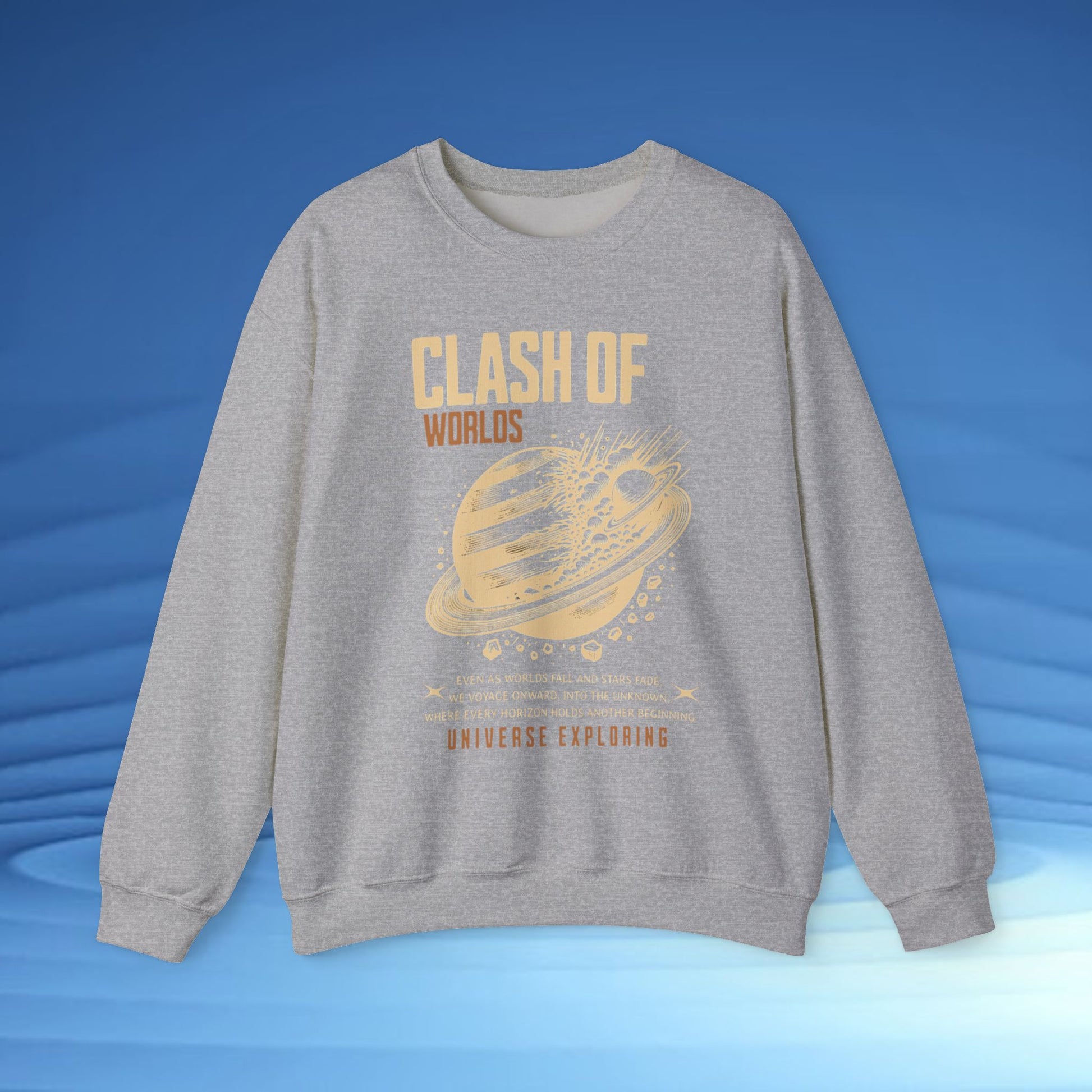 Gray sweatshirt with 'Clash of Worlds' graphic design on a blue background