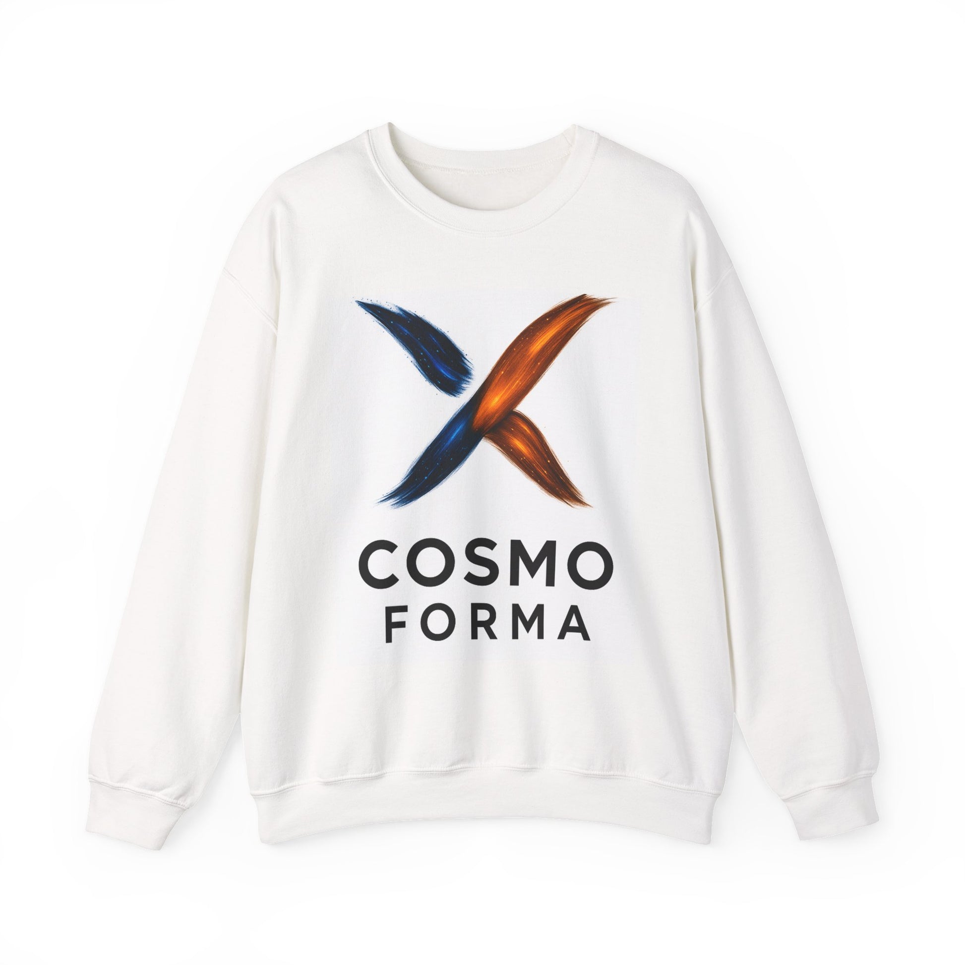 White sweatshirt with a colorful logo and 'Cosmo Forma' text on a white background