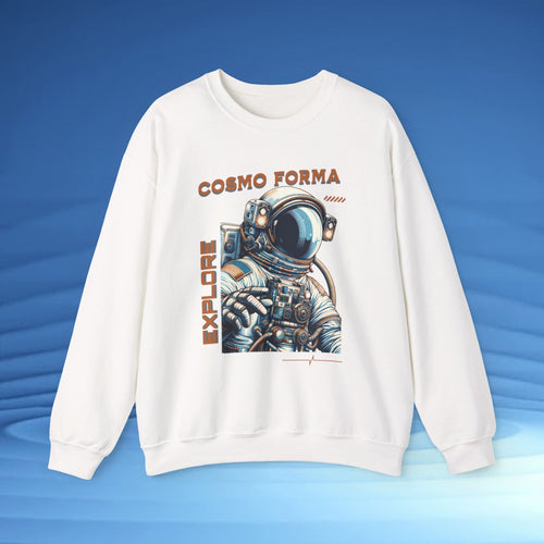 White sweatshirt with an astronaut graphic and 'Cosmo Forma' text on a blue background