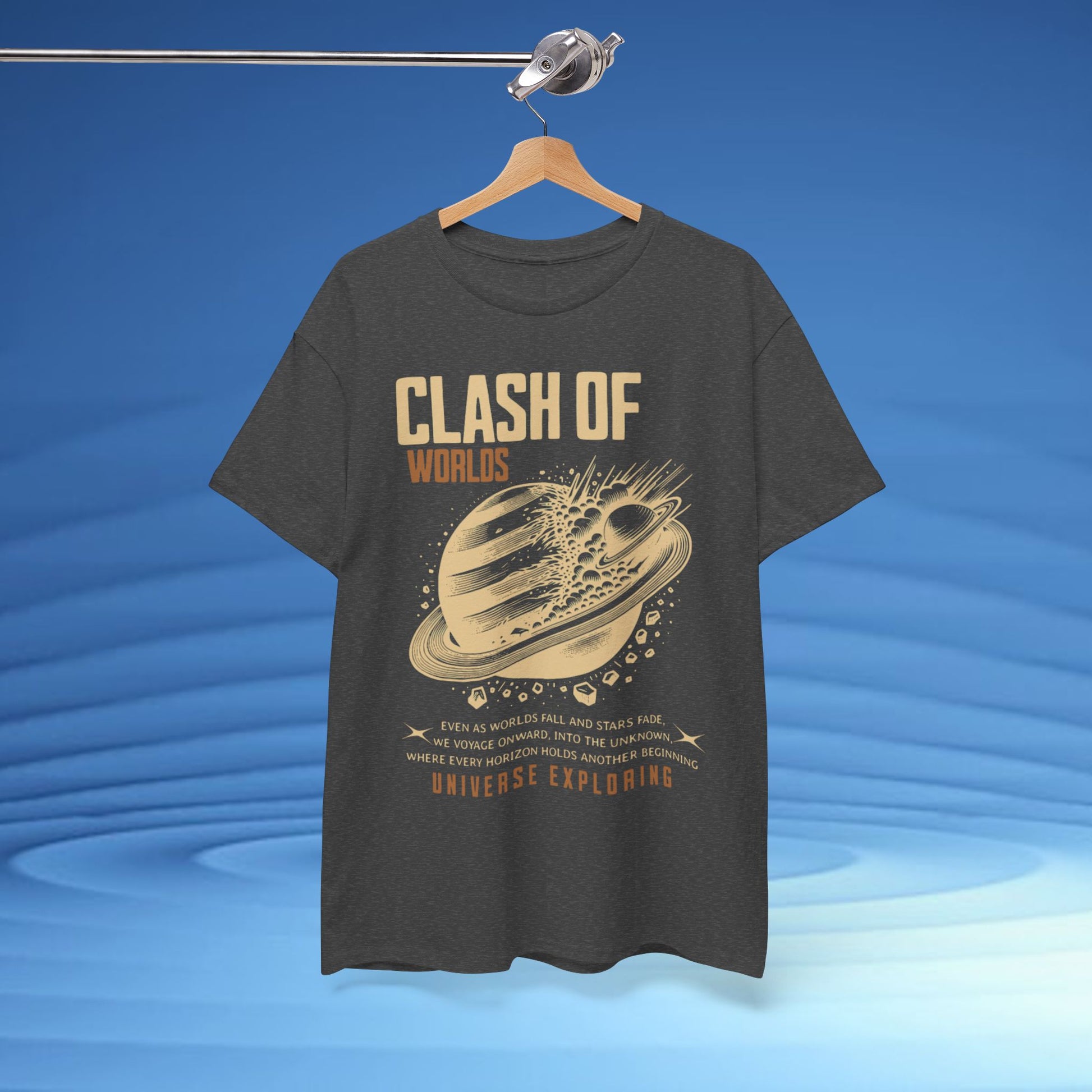 Black t-shirt with 'Clash of Worlds' graphic design on a hanger against a blue background