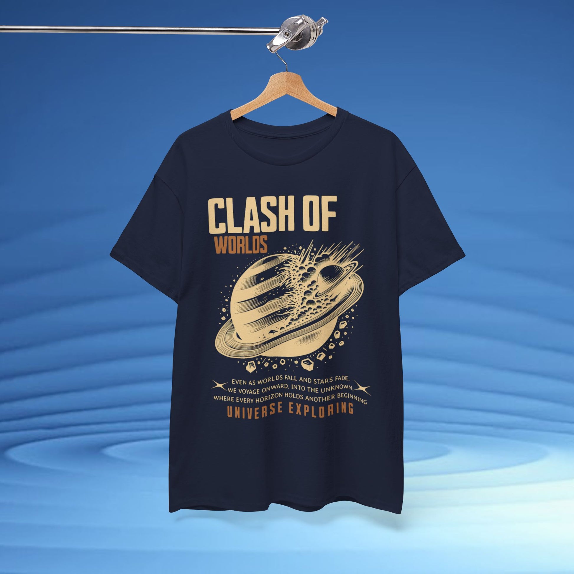 Black t-shirt with 'Clash of Worlds' graphic design on a hanger against a blue background CosmoForma