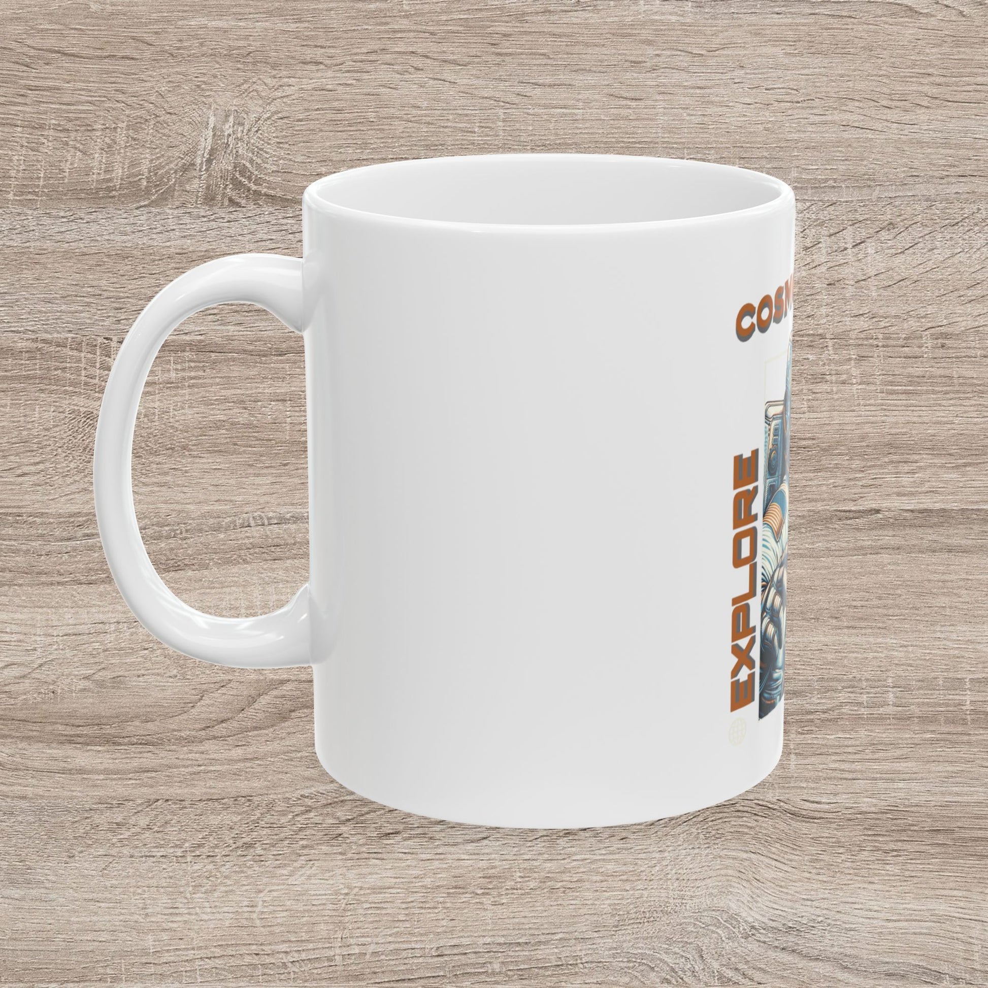 White mug with a printed design on a wooden surface CosmoForma