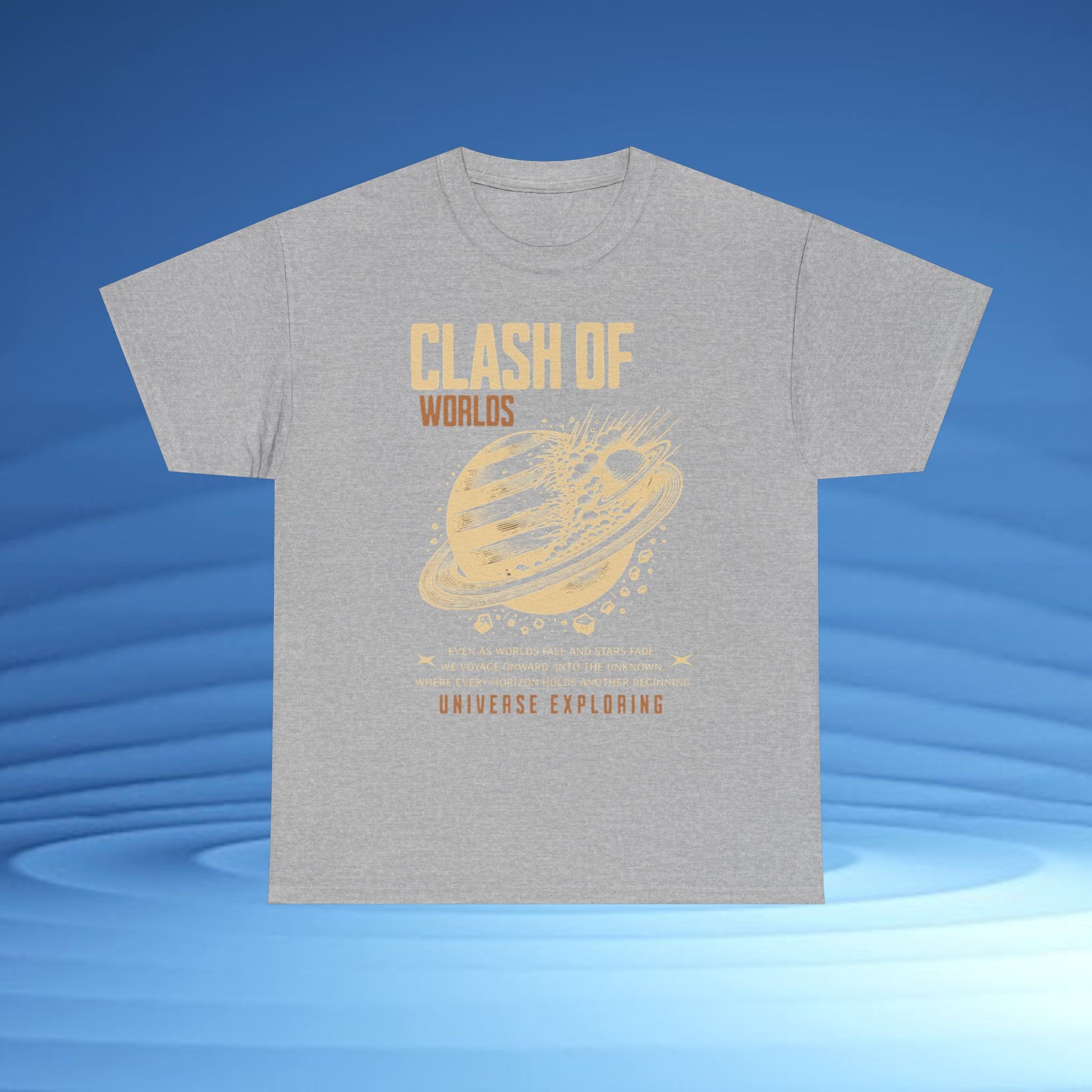 Gray t-shirt with gold graphic and text on a blue background CosmoForma